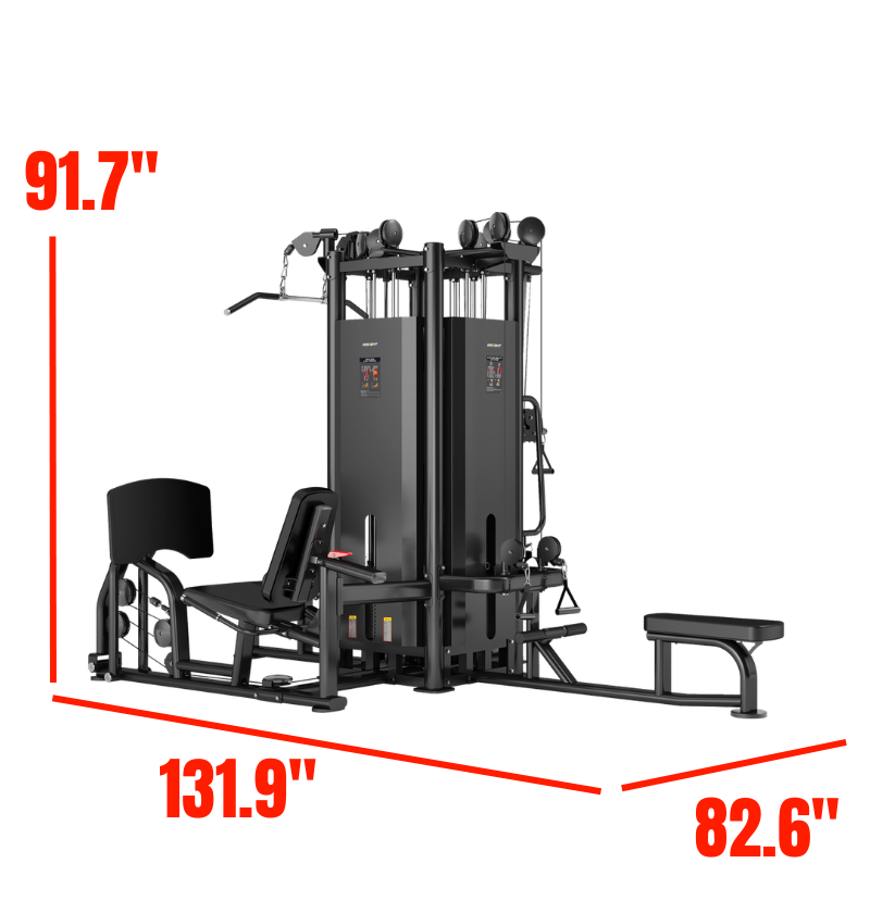 4 Stack Multi Station Black Gym Equipment Labeled with Dimensions