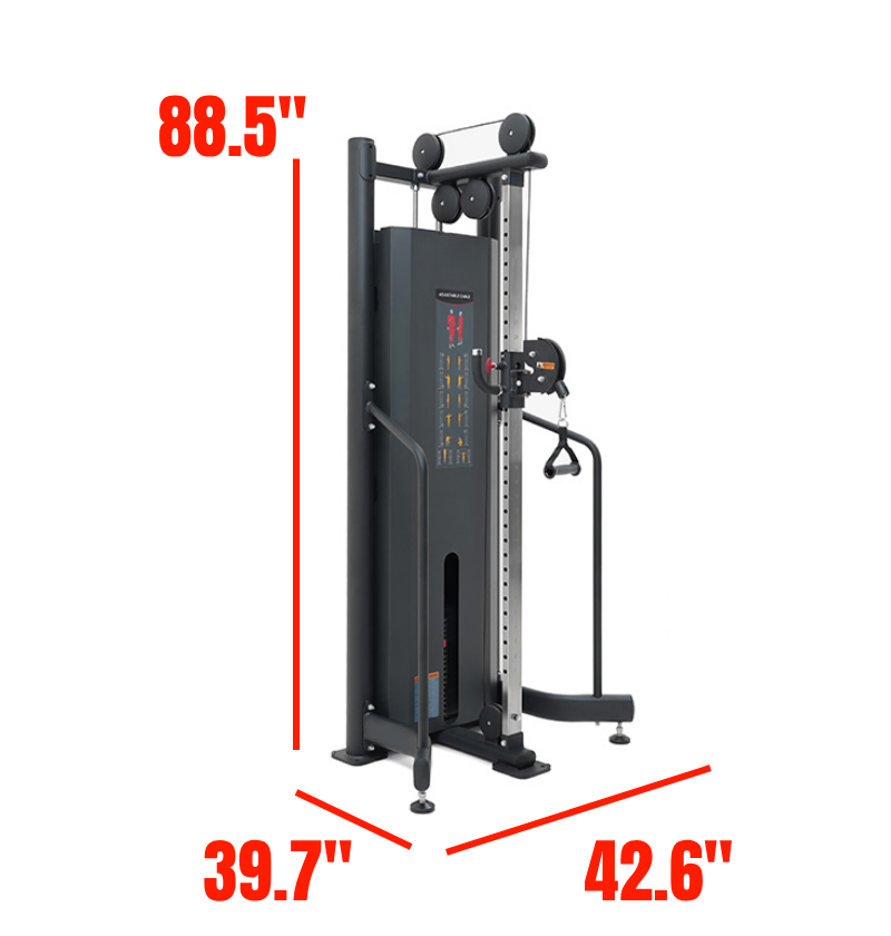 Adjustable Pulley Black Selectorized Gym Equipment Labeled with Dimensions
