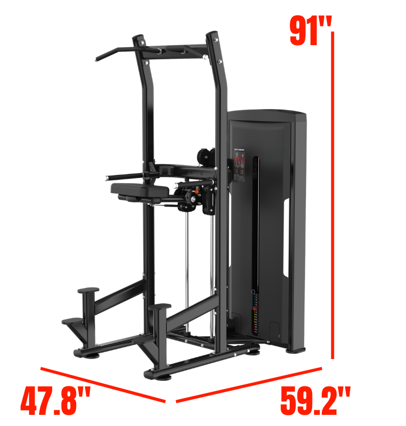 Chin Dip Black Selectorized Gym Equipment Labeled with Dimensions