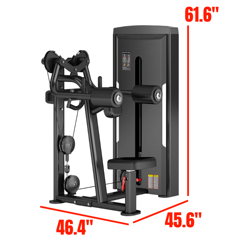 Lateral Raise Black Selectorized Exercise Gym Equipment Labeled with Dimensions 