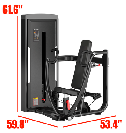 Iso Chest Press Black Selectorized Gym Equipment Displayed Labeled with Dimensions 
