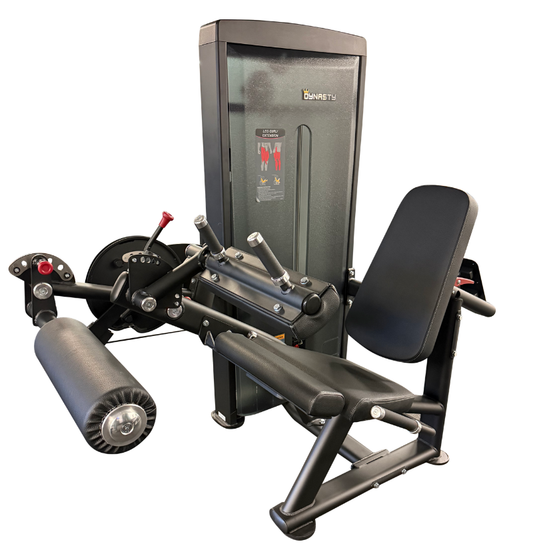 A leg extension leg curl gym machine with a black padded seat and backrest, black metal frame, and a dark gray weight stack frame, isolated on a white background.