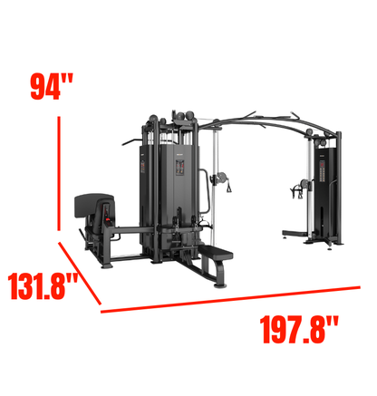 5 Stack Multi Station Black Gym Equipment Labeled with Dimensions 