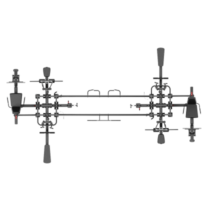 8 station gym with multiple rods and joints on a white background, top view
