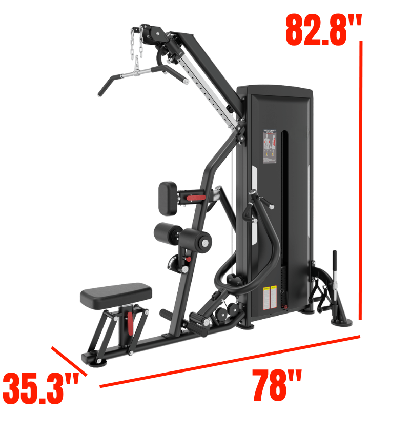 Multi pulldown row machine with dimensions labeled on a white background