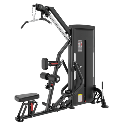 Lat pulldown multi row machine with black frame and red accents on a white background