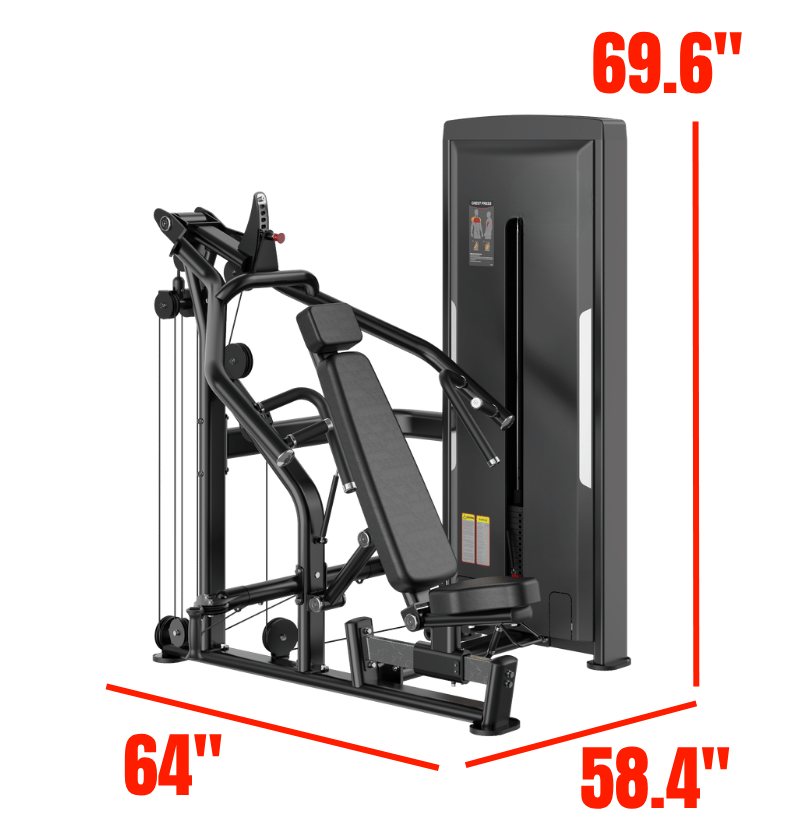 Multi Press Black Selectorized Exercise Machine Gym Equipment Labeled with dimensions 