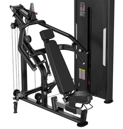 Multi Press Black Selectorized Exercise Machine Gym Equipment Close Up of Padded Seat and Handles 