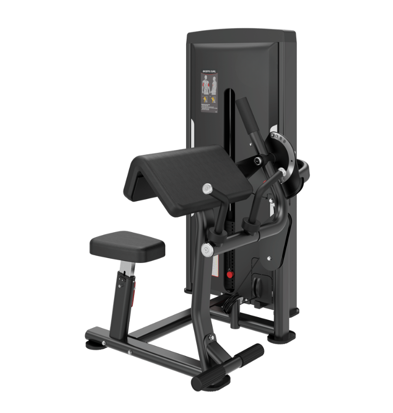 Bicpes Triceps Selectorized Black Exercise Machine displayed on white background 