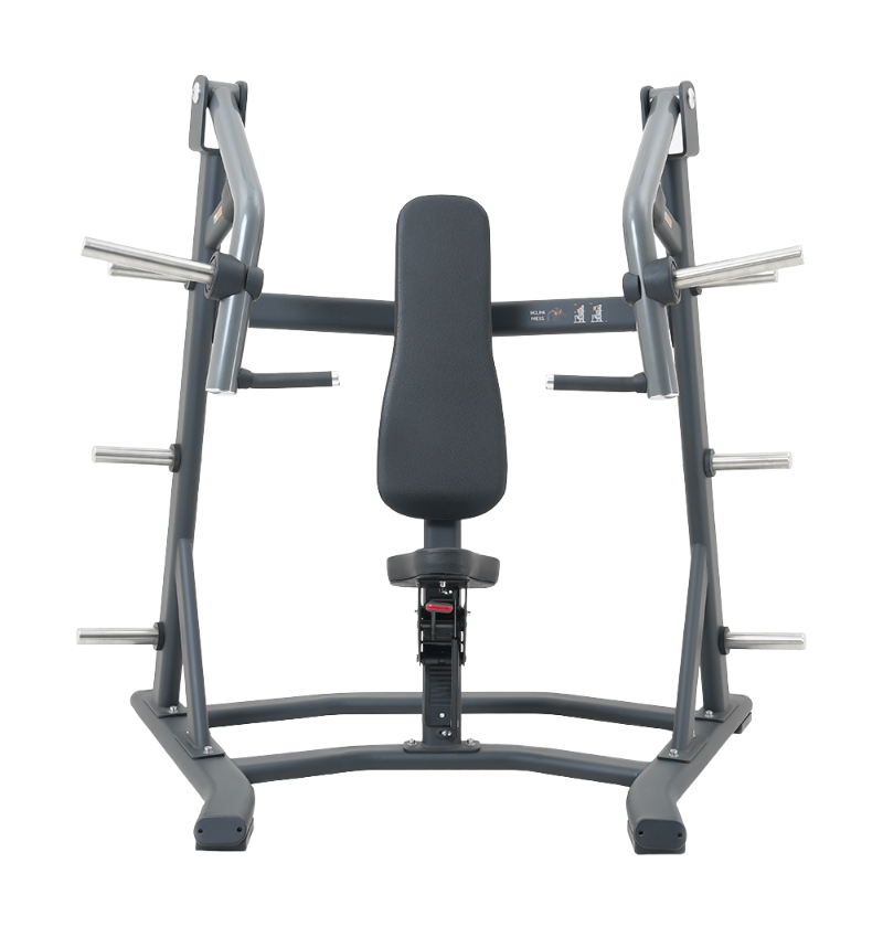 Black plate loaded incline chest press machine on a white background.