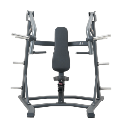Black plate loaded incline chest press machine on a white background.