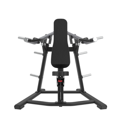 Black plate loaded shoulder press machine on a white background