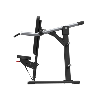 Plate loaded shoulder press machine with black and silver frame on a white background