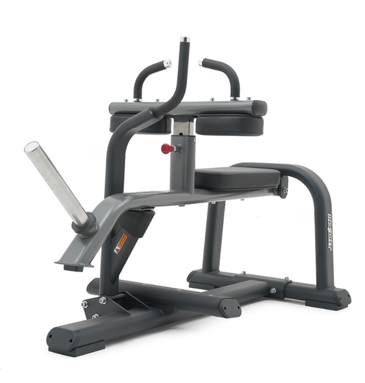 Seated Calf Raise dark grey workout machine displayed on a white background