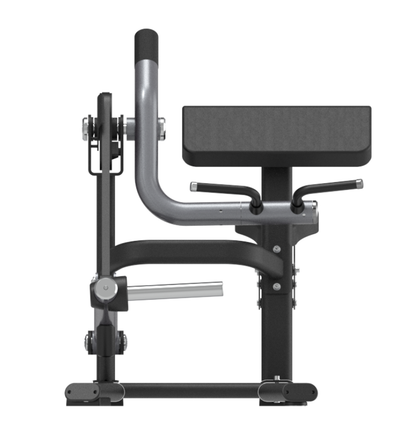 Plate loaded bicep curl machine with a black frame and padding on a white background