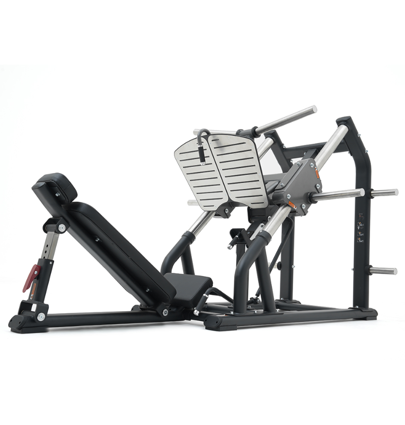 A black 45-degree linear leg press on a white background.