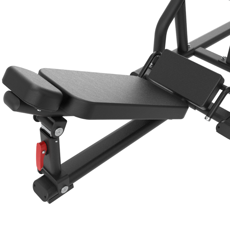 A close-up photo of the adjustable back pad on the 45-degree linear leg press.
