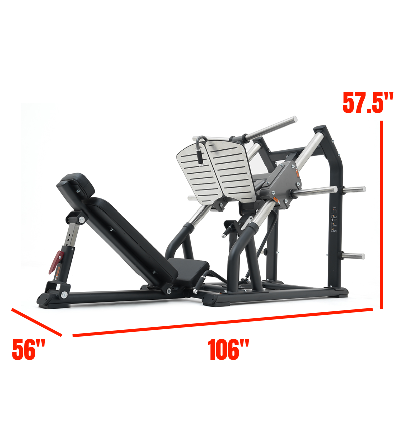 A black 45-degree linear leg press with dimensions labeled on a white background.
