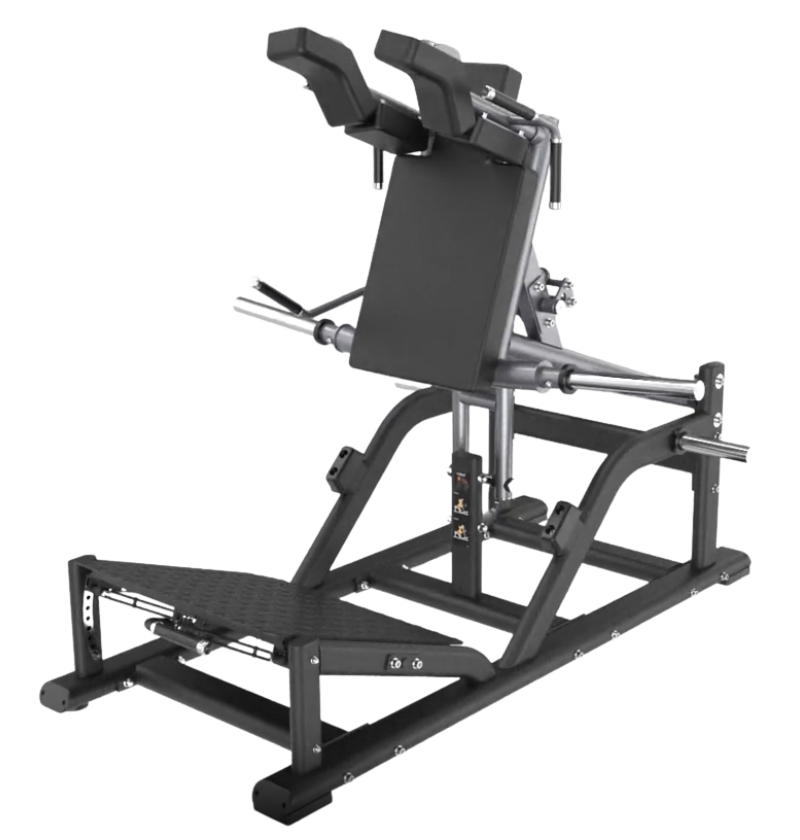 Black front squat machine on a transparent background