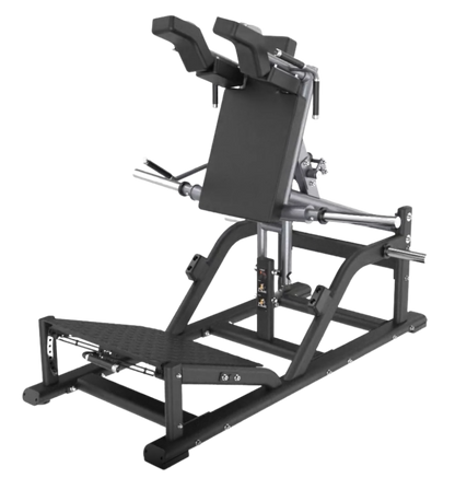 Black front squat machine on a transparent background