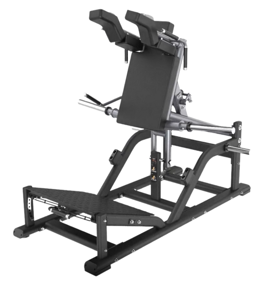 Black front squat machine on a transparent background