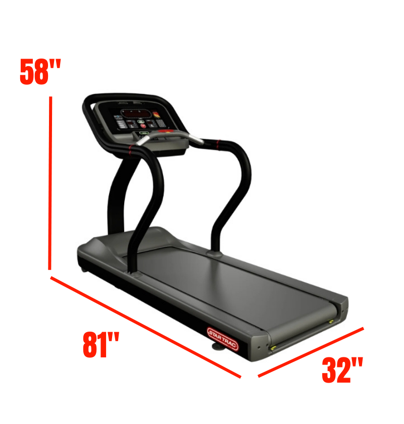 Star Trac STRc treadmill with dimensions labeled on a white background