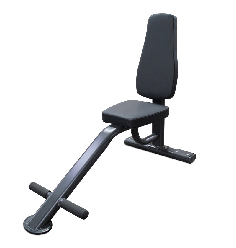 A black tricep seat designed for seated dumbbell exercises with a footrest 