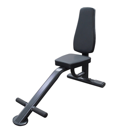 A black tricep seat designed for seated dumbbell exercises with a footrest 