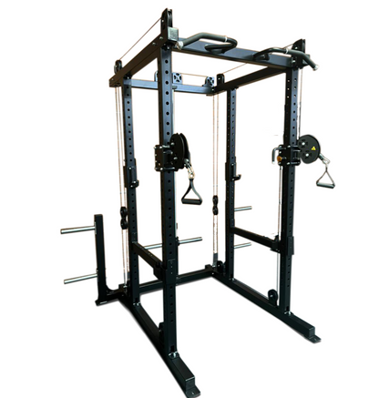 A power rack designed to hold a barbell, featuring a plate-loaded functional trainer for versatile strength training.