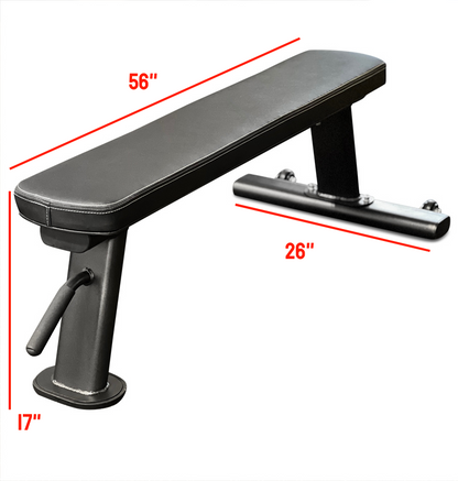 Black flat bench with measurements on a white background