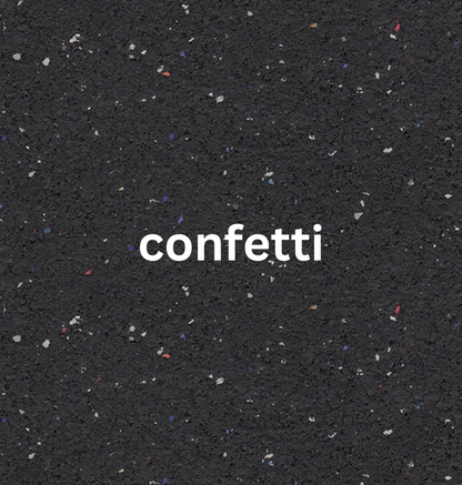 Colorful confetti wallpaper with the word "confetti" showcased, identified as Rolled Flooring 5/16" Confetti.