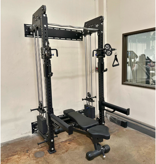 Black wall mounted functional trainer squat rack in a warehouse