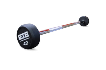A fixed straight barbell featuring the letters "E.T.E" prominently displayed on its center.