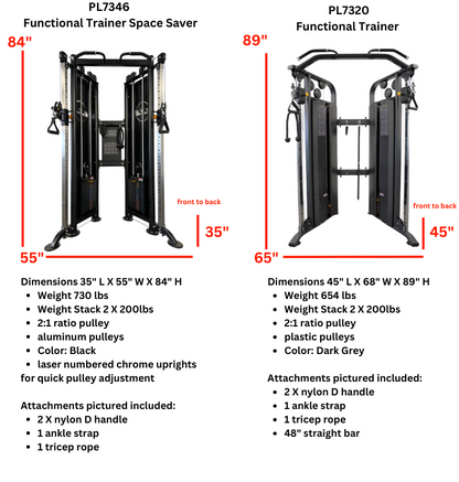 Different sizes of a functional trainer machine are illustrated, highlighting its adaptability for body weight workouts.