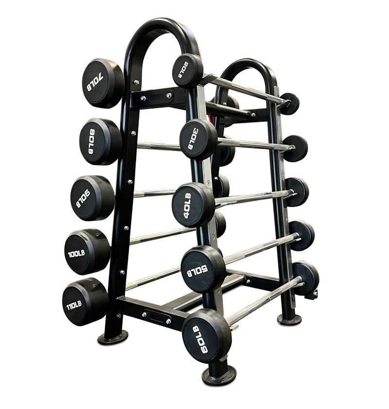 A black and silver fixed straight barbell with marked weight plates and a chrome steel handle displayed on a black metal rack