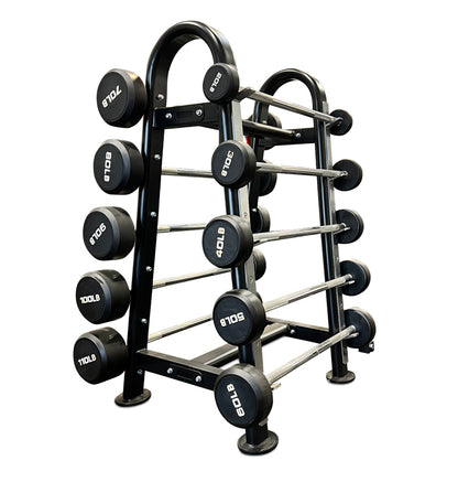A black and silver fixed straight barbell with marked weight plates and a chrome steel handle displayed on a black metal rack