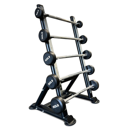 A black and silver fixed straight barbell with marked weight plates displayed on a black metal rack.