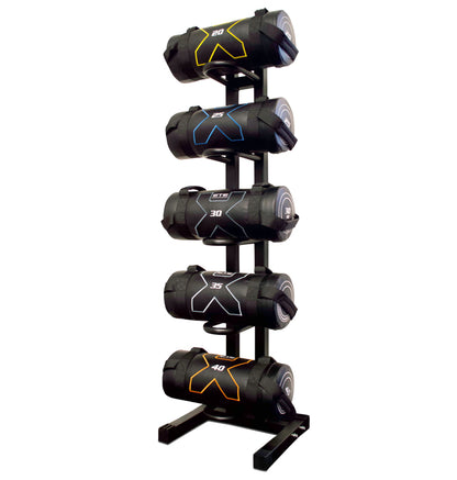 A Power Bag Rack featuring five power bags neatly arranged for easy access during workouts.