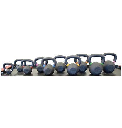 Row of kettlebells on a white background