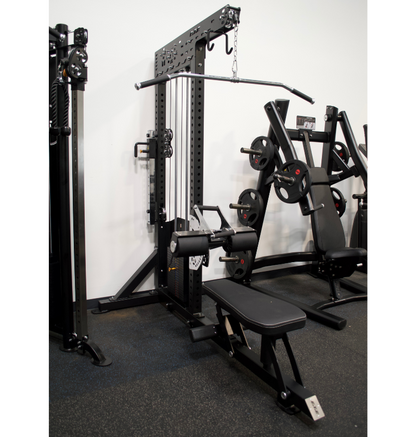 Strength training setup with bench, squat rack, and pull-up bar, highlighting Lat Pulldown Low Row pre-order.