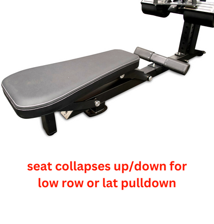 Bench for gym equipment with guidance on seat adjustment for Lat Pulldown and Low Row.