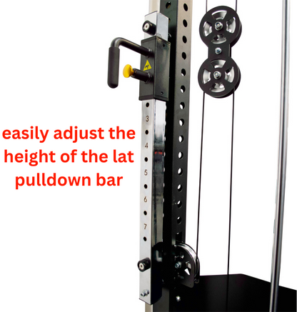 Adjustable height pulldown bar shown, designed for Lat Pulldown Low Row, now available for pre-order.