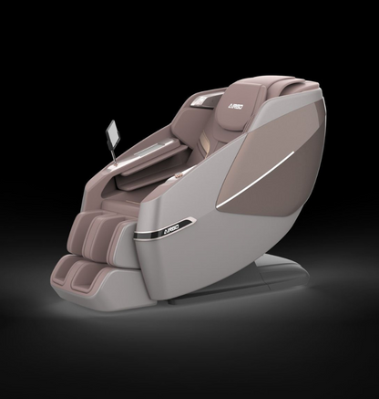 The image features a massage chair set in a shadowy room, focusing on its modern design and tranquil setting.