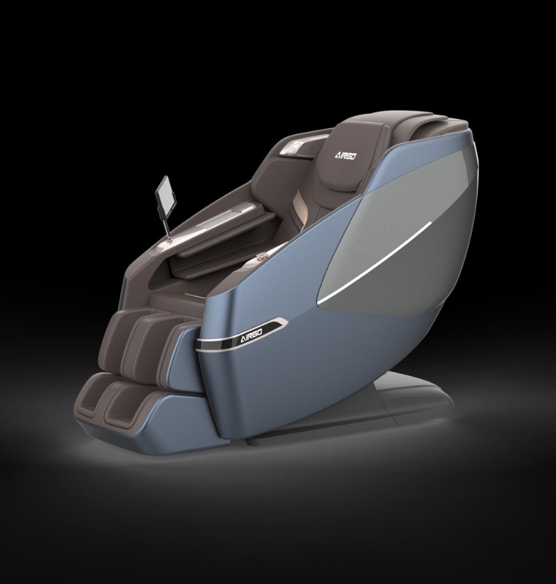A modern massage chair that mimics the appearance of a classic recliner, offering relaxation and style.