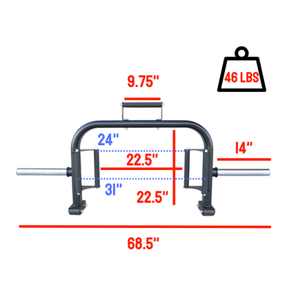 Dimensions of an open trap bar is displayed, highlighting its design for effective squatting exercises.