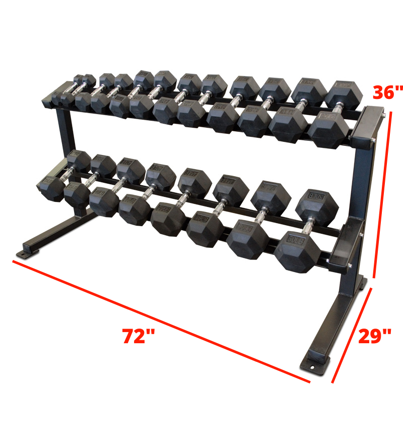 A set of black rubber hex dumbbells on a two-tiered metal rack labeled with dimensions 