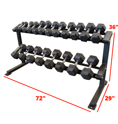 A set of black rubber hex dumbbells on a two-tiered metal rack labeled with dimensions 