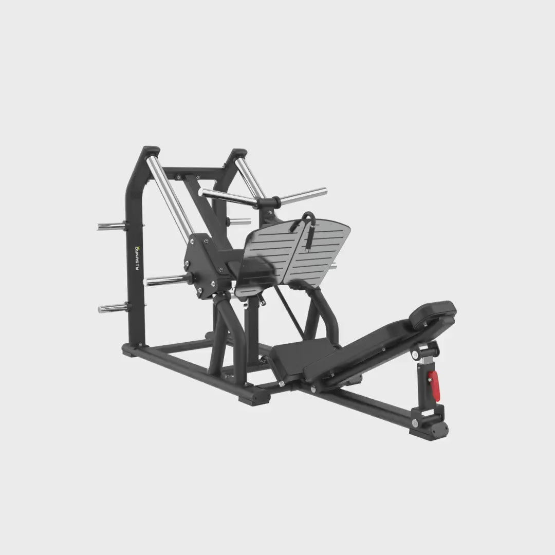 A video of a black 45-degree linear leg press on a white background.