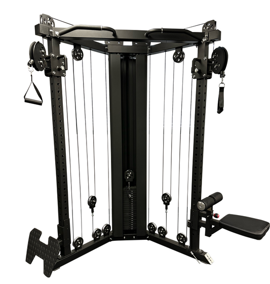 Cable machine with a single 200lbs weight stack on a white background.