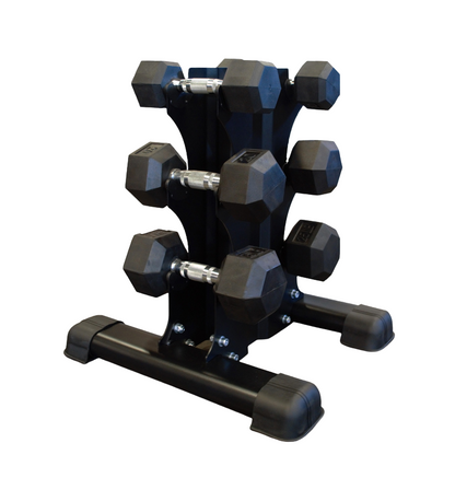 A vertical black dumbbell rack filled with dumbbells, designed for saving floor space and organizing weights.